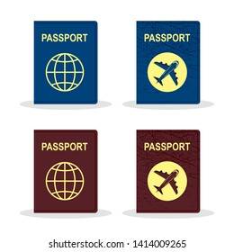 Vector flat illustration. International passport template. Business trip, flight pass - landing aircraft sign - travel and tourism icon, logo. Set with flat vector illustrations - the plane is flying.