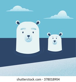 Vector flat  illustration International Polar Bear Day card. Bear mother and child in water