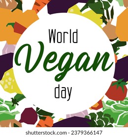 Ilustración plana vectorial del Día Internacional del Vegan. Adecuado para tarjetas de felicitación, afiches y banner. Verduras geométricas sobre un fondo blanco con una nube y la inscripción el 1 de noviembre. Suavemente.