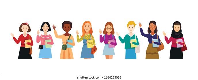 Vector flat illustration of international women's day. Set happy greeting women. Different nationalities female       character. Various girls of different nationalities on white background. Feminine.