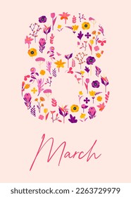 Vector flat illustration. International Women's Day.March 8 decoration with spring flowering plants and hand drawn lettering. Freesia, peony, lily, tulips. Congratulations and wish you a happy holiday