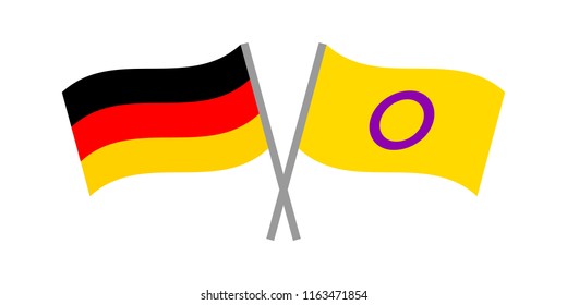 Vector flat  illustration with intersex and German flags on white background. Germany is the first European country that has approved the third gender option for intersex people.