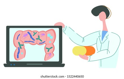 Vector flat illustration of the intestine with normal microflora on a laptop monitor