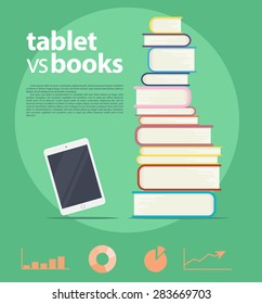 Vector flat illustration of iPad, tablet, pc, laptop, books with text space on green background. School education studying theme. Infographic elements, arrow, diagram, graph, chart. Business card.