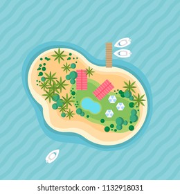 Vector flat illustration with island top poster. Beautiful outdoor destination shore with ocean, sunny beach, palm, boats and umbrellas. Lagoon with pool, yacht and sun loungers. Perfect vacation set.
