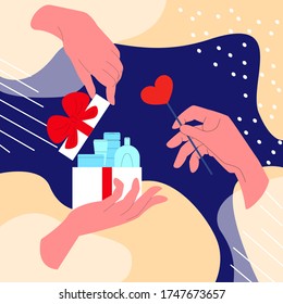 Vector flat illustration isolated close up hands that give gift with body, face hygiene products and heart shaped Lollipop. Abstract background. Concept gifts, celebrations, Valentine s Day.