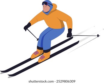 Vector flat illustration of isolated happy skier in yellow and blue bright gear going down the mountain