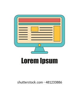 Vector flat illustration with isolated line computer monitor icon. Programming flat logo. Vector coding web page background. Programmer or developer concept. Flat modern logo for computer design