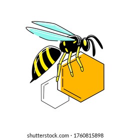 Vector flat illustration isolated logo with image of bee sitting on honeycomb. It can be used in signage, banners, web design, etc.