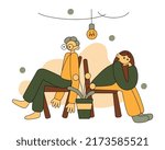 Vector flat illustration isolated on white. People are waiting and sitting on chairs 