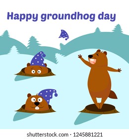 Vector flat illustration isolated on white background. Text. Happy Groundhog Day design. Set of bright marmots. The cute woodchuck  in a hat, night-cap woke up climbing a mink in the mountains