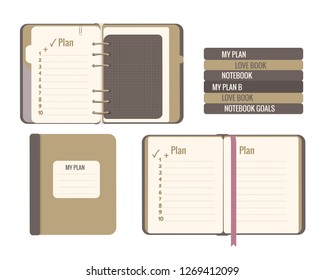 Vector flat illustration isolated on white. School Bibliography plan copybook notepadnotebook workbook. Open page and top view