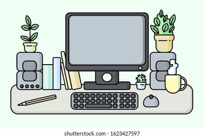 Vector flat illustration isolated on light coloured background, office desk with monitor. Business workplace with PC, keyboard and mouse. Copy space for text