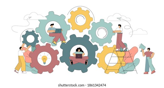 Vector flat illustration isolated on white background. Gears, teamwork. The people on the team turn and push the gears. Interaction, workflow.