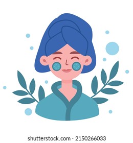 Vector flat illustration isolated on white. Cute smiling woman with mask on the face. Clean and detox skincare.