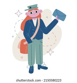 Vector flat illustration isolated on white. The postman stands with a letter in his hand. Express delivery. 