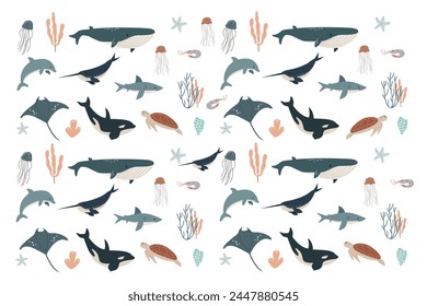 Vector flat illustration isolated on white background, sea animals set, vector whale, shark, narwhal, jellyfish, dolphin, stingray, turtle and shrimp