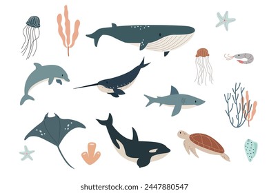 Vector flat illustration isolated on white background, sea animals set, vector whale, shark, narwhal, jellyfish, dolphin, stingray, turtle and shrimp