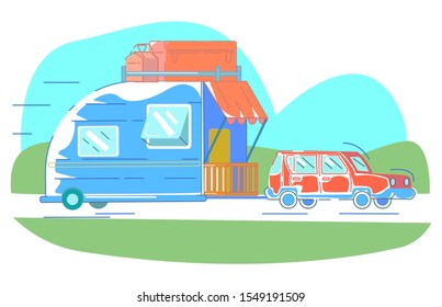Vector flat illustration with isolated traveling van. The concept of living in van. Cards, invitations, posters, web design, advertising, printing, textile products can be used.