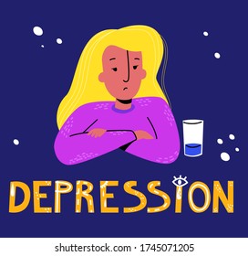 Vector flache Illustration isolierte junge traurige Mädchen, Glas Wasser halb leer, das Wort Depression Concept Aathy, Anhedonia, Depression.