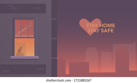 Vector flat illustration isometric building. Window light house on city landscape view. stay home safe heart logo. self isolation social distance virus prevention. Cozy comfort atmosphere protection.