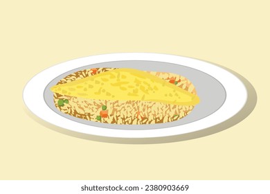 Vector flat illustration of Japanese food, fried rice with scrambled egg topping, omurice. scrambled eggs, melted eggs.