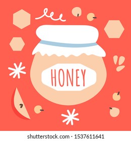 Vector flat illustration with a jar of honey with honeycombs, apples and berries in a modern style. Design elements for christmas card, poster, invitation, poster, packaging.