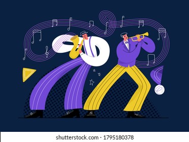 Ilustración vectorial plana con artistas de jazz actuando en concierto. Dos hombres tocan trompeta y saxofón. Los instrumentos musicales se representan en forma abstracta como notas. Espectáculo, arte, recreación