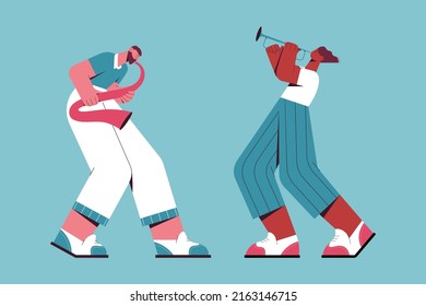 Vector flat illustration with jazz performers. Jazz players with saxophone and trumpet. Music festival. Jazz festival. Banner.