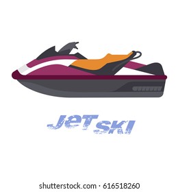 Vector flat illustration of jet ski. Summer rest. Sea vacation. Web graphics, banners, brochures, business templates. Illustration isolated on white background.