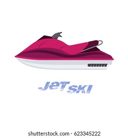 Vector flat illustration of jet ski. Summer rest. Sea vacation. Web graphics, banners, brochures, business templates. Illustration isolated on white background.