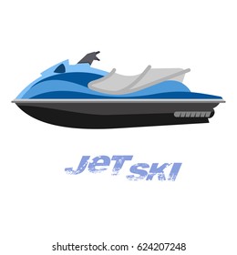 Vector flat illustration of jet ski. Summer rest. Sea vacation. Web graphics, banners, brochures, business templates. Illustration isolated on white background.