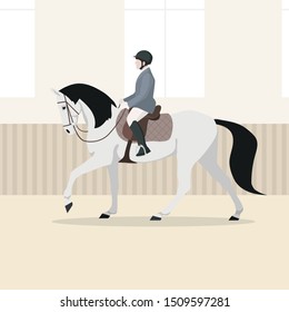 vector flat illustration of jumping competition or dressage with horse in equipment and rider