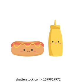 Vector flat illustration with kawaii bottle mustard and happy hot dog. Cute cartoon hot dog and mustard stand together isolated on a white background.