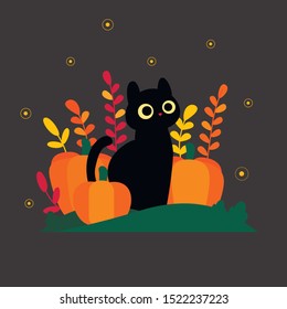 Vector flat illustration with a kawaii cartoon cat who sits in the autumn at night in pumpkins. A cat with big yellow eyes sits next to a pumpkin. Around the small flashlights. Greeting card.