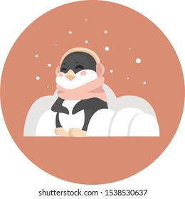 Vector flat illustration with a kawaii penguin in a snowdrift on a pink background. A happy cute penguin in a pink scarf sits joyful in a snowdrift under a snowfall.