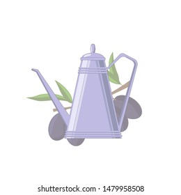 Vector flat illustration of kettle with olive oil and olive branch for design, web and decor for the festival of olives.