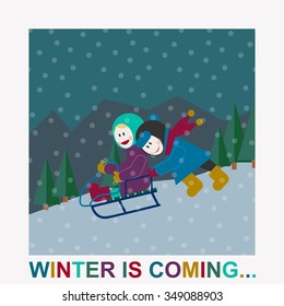 A vector flat illustration of kids sledding down the hill in the snow. For cards, invitations, backgrounds, arts and scrapbooks. 