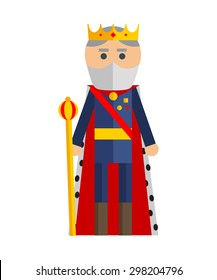 Vector flat illustration of king on white background. Blue, red, yellow colors.