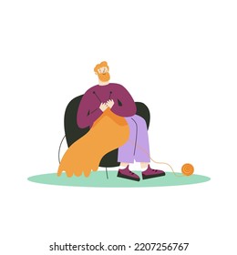 Vector flat illustration with knitting young man. 
