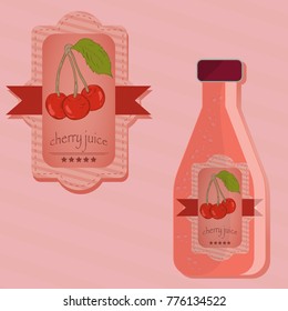 vector flat illustration of labels and bottles of cherry juice