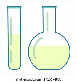 Ilustración plana vectorial con un aparato de laboratorio con solución colorida. 
