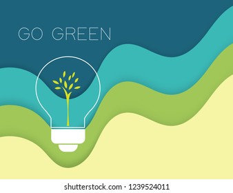 Vector Flat Illustration, Lamp Tree Idea Go Green, Cycle, Saving The Planet, World Environment Day, Bio Technology, Paper Craft Cut Flat Simple