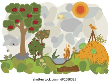 vector flat illustration of a land of permaculture with trees and bees and vegetables and birds and frog and flowers and fruits