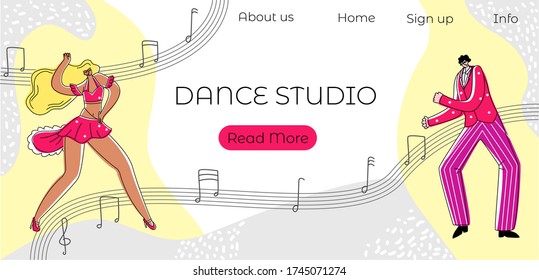 Vector flat illustration landing page layout, web design with dancing pair on abstract background of notes and music. Concept dance studios, schools, clubs. There are menu buttons.