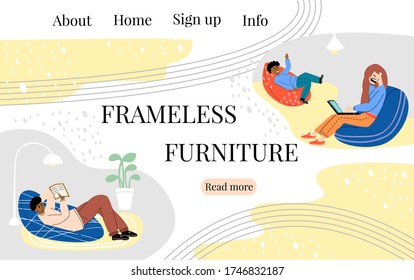 Vector flat illustration landing page, web design of people on chairs bags, poufs on abstract background. Concept advertising frameless furniture. There are menu buttons.