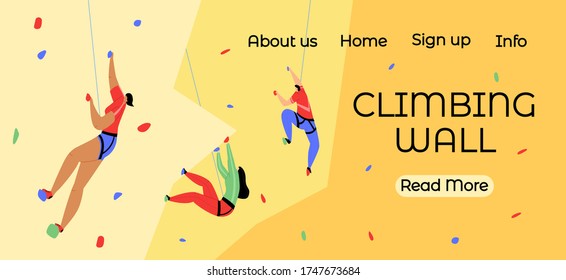 Vector flat illustration landing page, web design, home page of climbing wall site. There are menu buttons. Concept healthy lifestyle, sports.