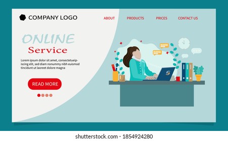 Ilustración plana vectorial. Una página de inicio para sitios web, tiendas en línea, pancartas, folletos. Todos los signos pueden ser sustituidos a la información y los servicios de su empresa. 