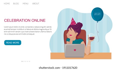 Vector flat illustration landing page or template woman online birthday. Celebrates valentines day, drinking wine and have virtual meeting.