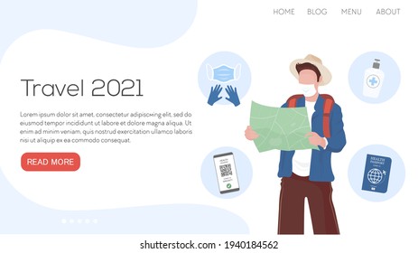 Vector flat illustration landing page or template travel set 2021. Man with map, glovers, passport, sanitizer, mask, healthy passport. Corona reality traveling.